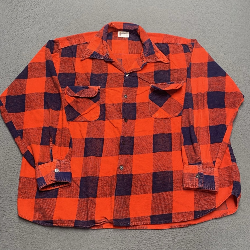 VTG MGM Shirt Mens Large Red Buffalo Plaid Flannel Long Sleeve Button Up
